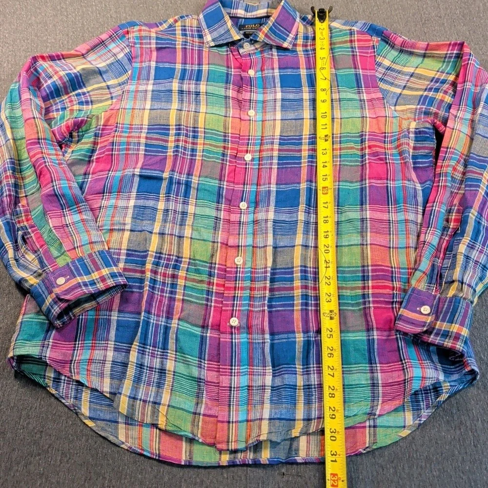 POLO RALPH LAUREN‎ Shirt Mens Large Sea Soft LINEN Plaid Button Up Long Sleeve